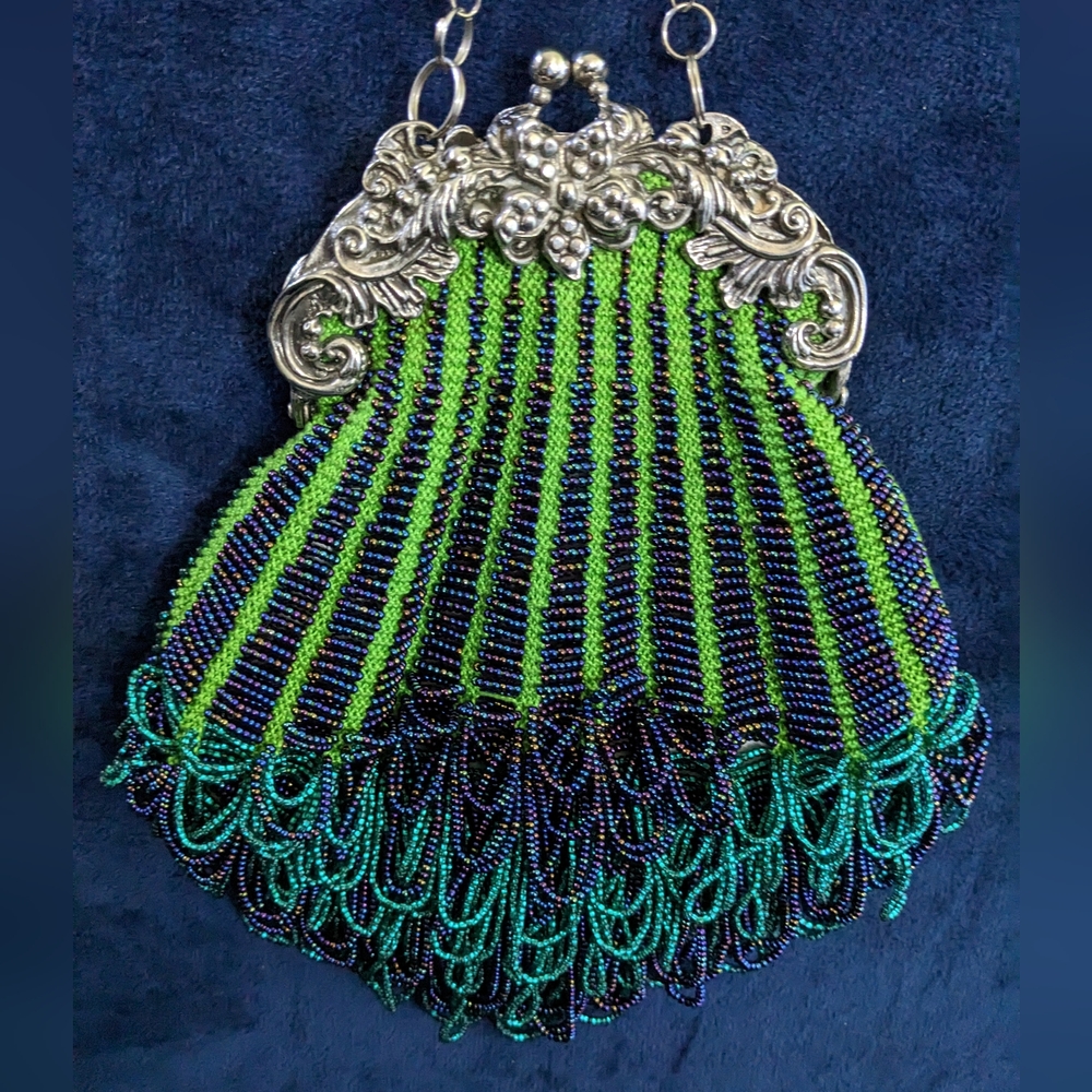 Victorian Style PEACOCK Beaded Purse & Necklace Green & Purple HandMade Boutique